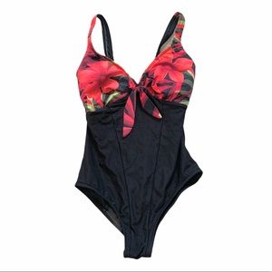 Vintage One Piece Swimsuit Women’s M Tie Front Floral Scoop Low Back VNeck Black
